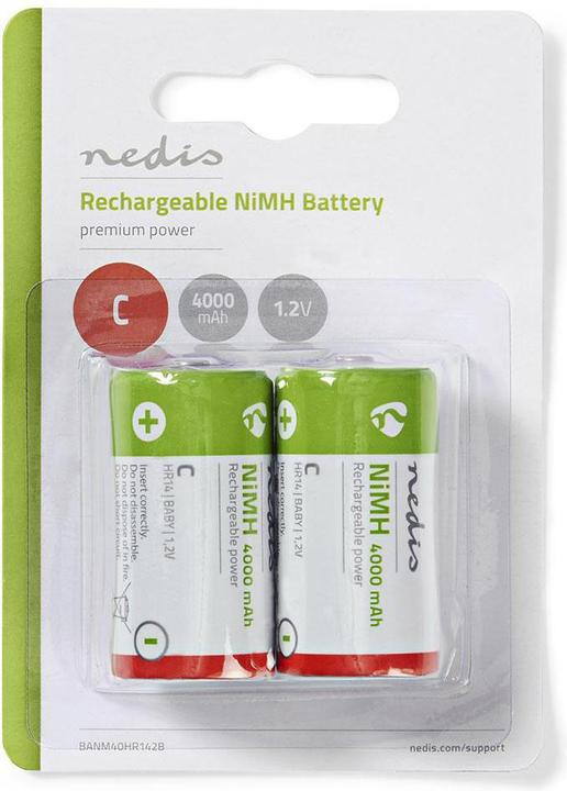 Actual product image Nedis Rechargeable NI-MH Battery C 1.2 V DC 4000 mAh Pre-charged 2-Blister HR14 Green/Red (2 pcs., C, 4000 mAh)