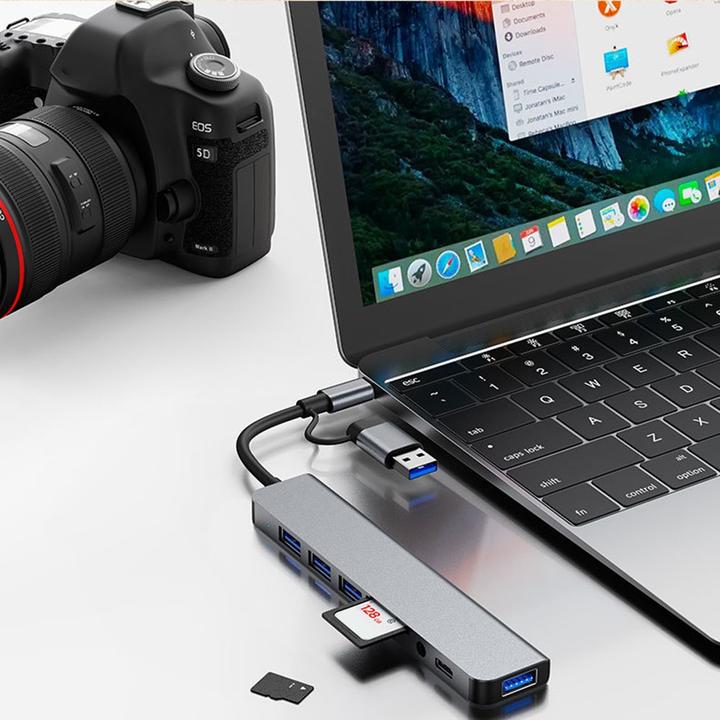 Actual product image Apfelkiste USB C/USB 3.0 multiport hub with SD/MicroSD & 3.5mm jack - 5 Gbit/s (USB C + 4x USB A) (USB-C, 4 ports)