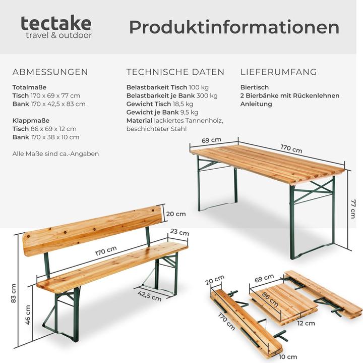 Actual product image tectake Beer tent set Franz II, 3-piece, foldable, with backrests (69 cm)