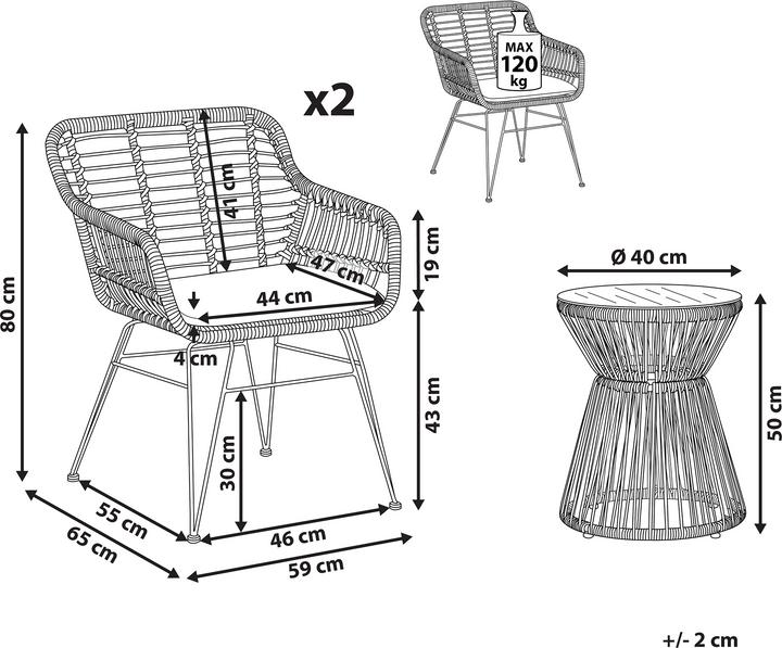 Immagine prodotto Beliani Set da balcone Rattan Naturale 2 Sedie Cuscini Grigio Chiaro TRESTINA (40 cm)