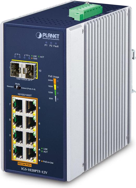 Immagine prodotto Planet Industrial 8-Port GE 802.3at PoE + 2 1000X SFP + (10 Porti)
