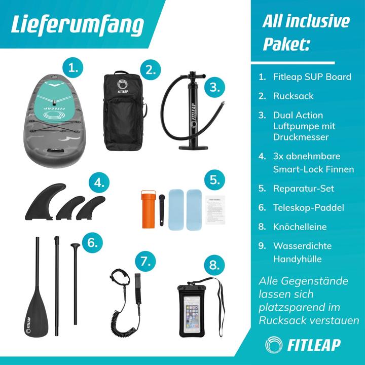 Produktbild Fitleap Premium Stand Up Paddle Board aufblasbar - SUP Board Set mit Hochdruckpumpe, verstellbar… (10'5")