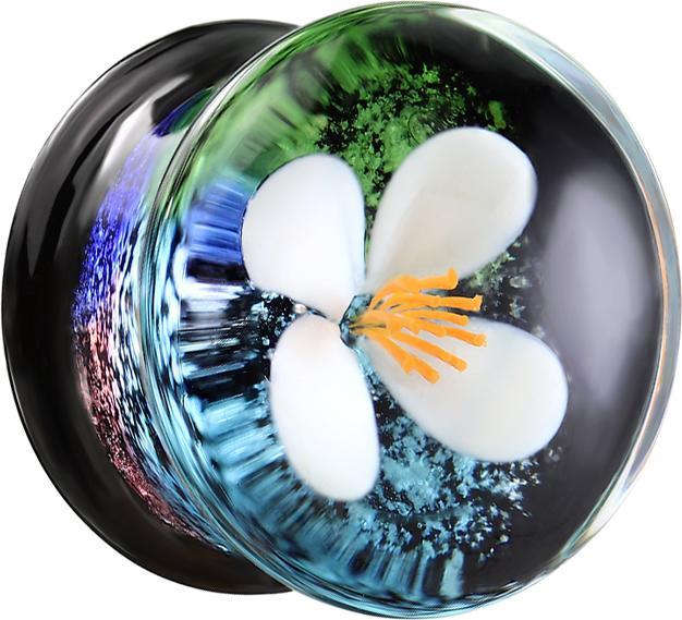 Produktbild Star Piercing Flared Plug aus Glas weisse Blume (ohne Messing, Glas)