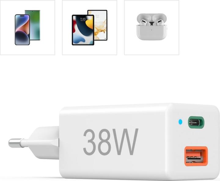 Actual product image Hama Mini Charger, GaN, USB-C Power Delivery (PD) + USB-A QC3.0, 38W, White (38 W)