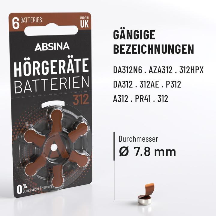 Produktbild Absina PR41 Hörgerätebatterie ZA 312 Zink-Luft 1.4 V 6 St. (6 Stk.)