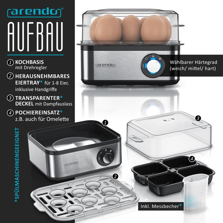 Image du produit Arendo Petit-déjeuner, bouilloire 1,5l, grille-pain 2 tranches et cuiseur à oeufs pour 8 oeufs, argenté