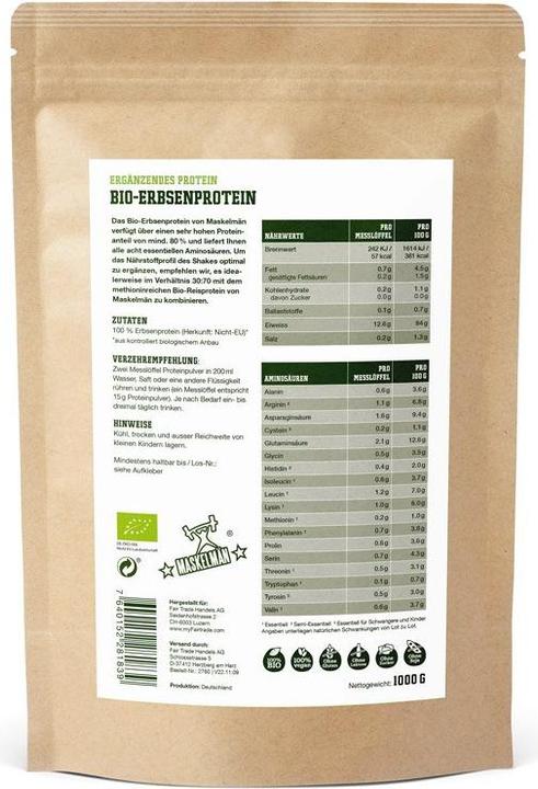 Valeurs nutritives et ingrédients Maskelmän Protéine de pois bio (Pois, Natural, 1 pcs, 1000 g)