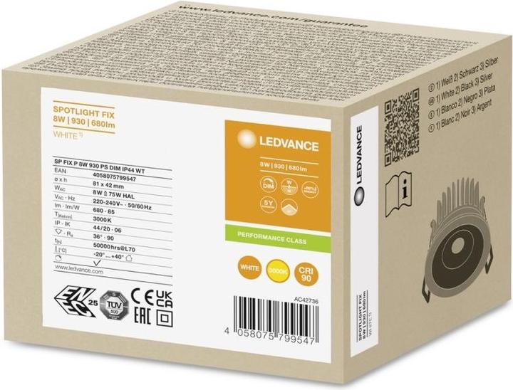Produktbild Ledvance LED SPOT FIX Einbauleuchte 8W 3000K IP44 dimmbar 90Ra 4058075799547 (680 lm)