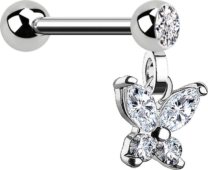 Produktbild Star Piercing Micro Barbell silber mit Kugel und Anhänger Schmetterling (Chirurgenstahl 316L, Messing)