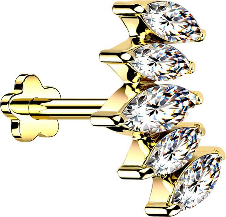 Produktbild Star Piercing Micro Threadless Labret Blume vergoldet Fächer vergoldet mit fünf Kristalle silber (Titan G23, ohne Messing)