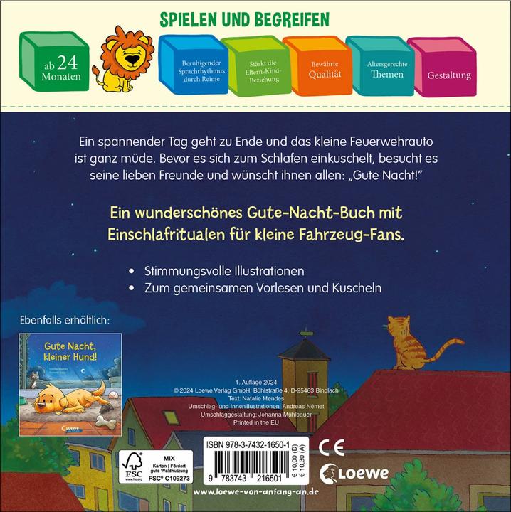 Produktbild Loewe Gute Nacht, kleines Feuerwehrauto! (Deutsch, Natalie Mendes, 2024)