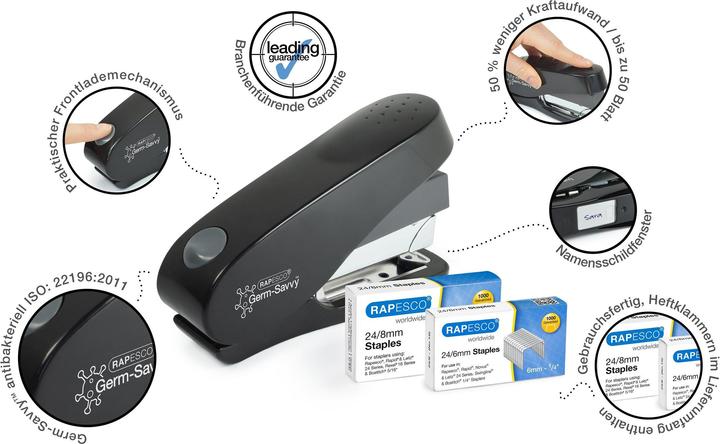 Immagine prodotto Rapesco 1466 Graffatrice antibatterica Germ-Savvy, Luna-Less Effort ECO a funzionamento scorrevole e 2.000 (50 lamelle)