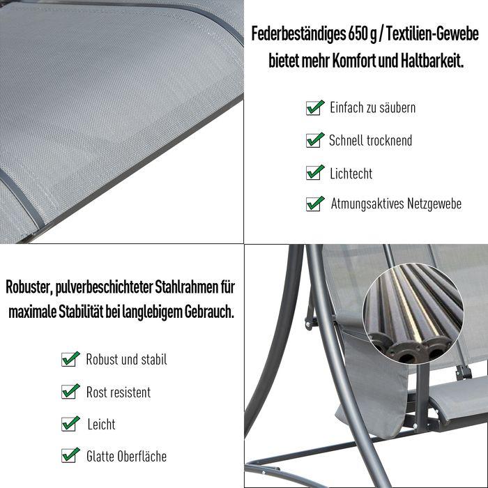 Actual product image Swisshandel24 3-seater Hollywood swing, garden swing with sun canopy, swing bench with shelf, aluminium, grey
