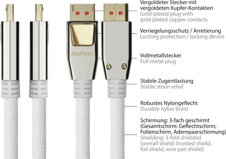 Immagine prodotto Python PYT M0224 Da DP 1.4 a HDMI 2.0 A, nylon, 4K@60Hz, 5 m, bianco (5 m, HDMI)