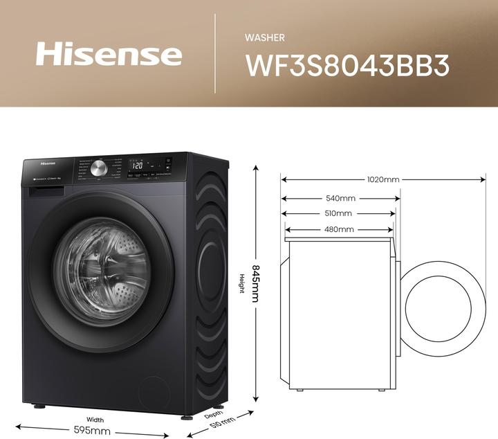 Actual product image Hisense Waschmaschine WF3S8043BB3 8kg A-30% (8 kg, Left)