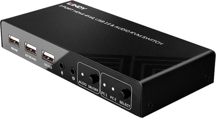Actual product image Lindy 2 Port KVM Switch HDMI 4K60, USB 2.0 & Audio Switches between 2 HDMI PCs from a single console.