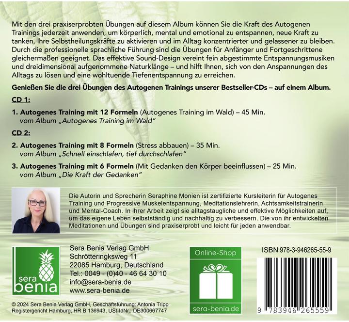 Actual product image Autogenes Training | Übungen für die Gesundheit | 3 Entspannungsübungen mit Entspannungsmusik | 2 CD (German, Seraphine Monien, Sera Benia Publishing Ltd., 2024)