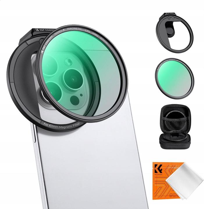 K&F Concept Clip magnétique pour téléphone 67 mm + filtre CPL magnétique 67 mm, HD, revêtement, étanche