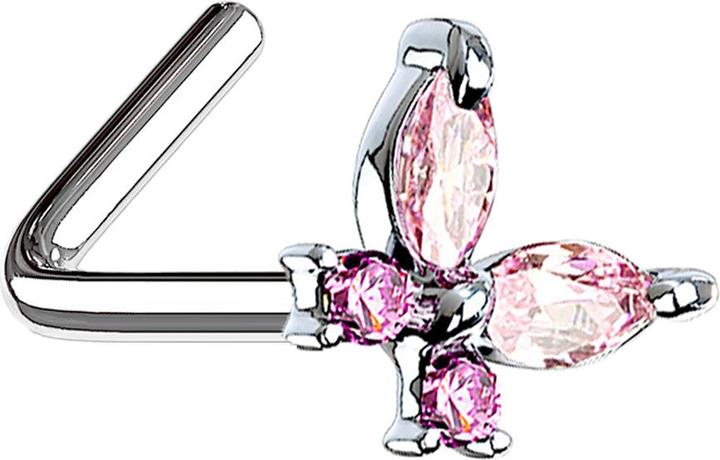Image du produit Star Piercing Nasenstecker gewinkelt silber Schmetterling mit Kristallen pink (Acier chirurgical 316L, Laiton)