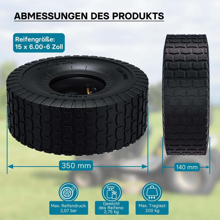 Actual product image Wiltec Tyre for lawn mower 15x6.00-6 4pr with innner tube and curved valve stem garden tractor