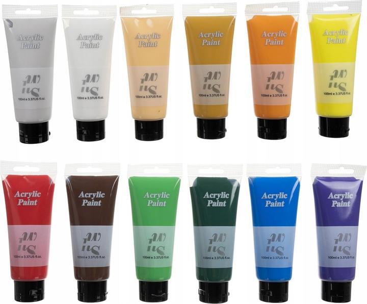 Immagine prodotto PRO-mounts Colori acrilici 12 pezzi da 100 ml Maaleo 20424 (Bianco, Arancia, Giallo, Lilla, Ocra, Rosso scuro, Verde scuro, Blu, Grigio carnoso, Verde chiaro, Marrone, 100 ml)