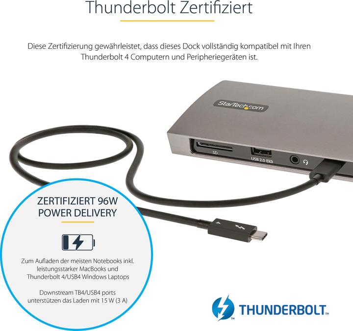 Immagine prodotto StarTech com TB4CDOCKUE, Kabelgebunden, Thunderbolt 4, 96 W, 10,100,1000 Mbit/s, Schwarz, Grau, MMC (Thunderbolt, 3 Porti)