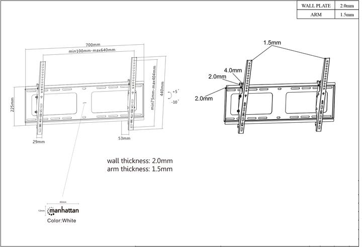 Image du produit Manhattan 461481 Support TV mural 94,0 cm (37") 203,2 cm (80") Inclinable (Mur, 80", 80 kg)