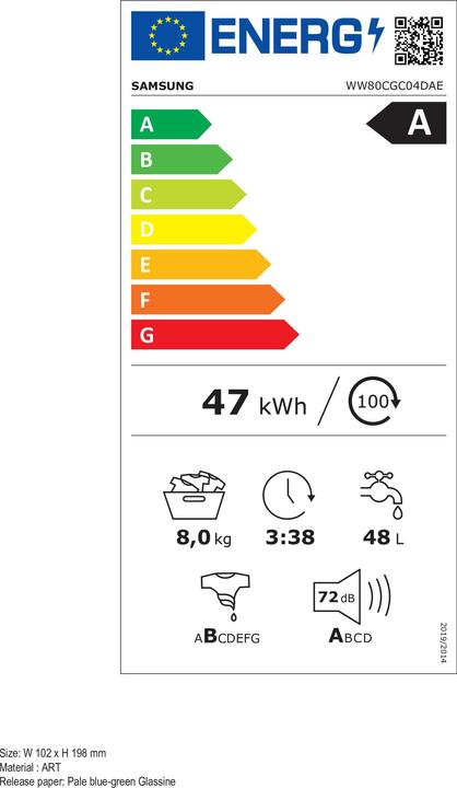 Etichetta energetica Samsung Lavatrice Crystal Clean 8 kg WW80CGC04DAEET (8 kg, A sinistra)