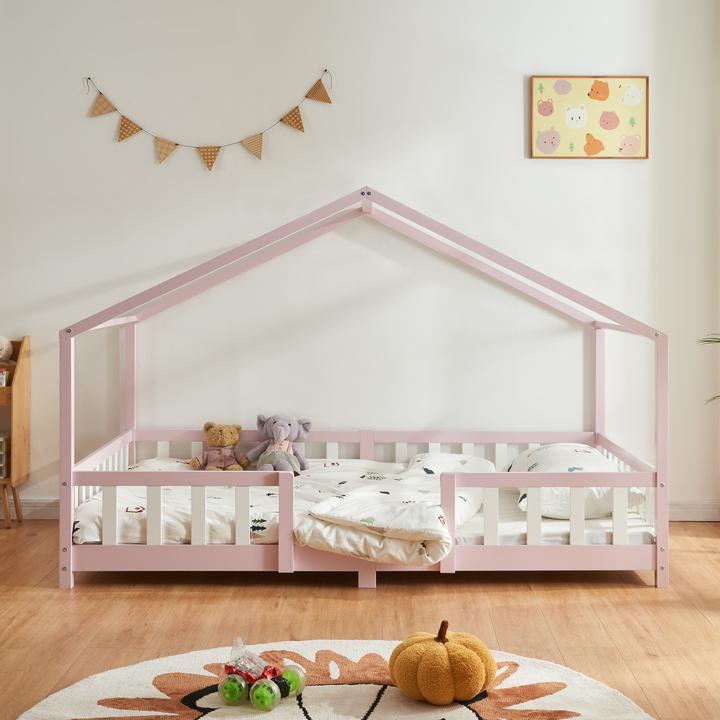 Produktbild En.Casa Kinderbett Treviolo 120x200 cm mit Kaltschaummatratze und Gitter Rosa (120 x 200 cm)