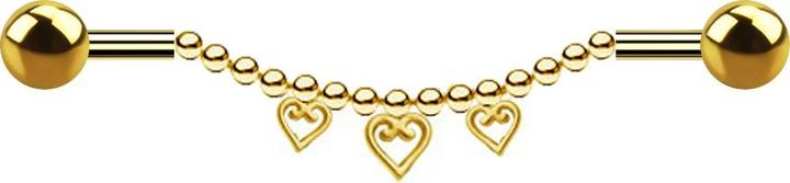 Produktbild Star Piercing Barbell vergoldet zwei Kugeln Kette drei Herzen (ohne Messing, Chirurgenstahl 316L)