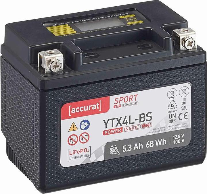Accurat Batteria al litio per moto 12V 5.3Ah YB5L-BS Batteria LiFePO4 Batteria agli ioni per moto (12 V, 5.30 Ah, 100 A)