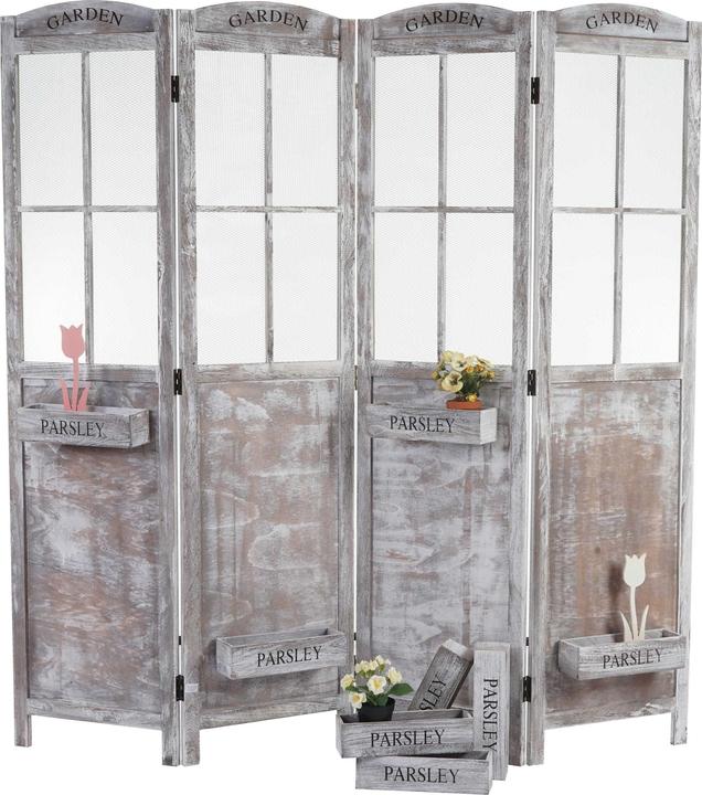 Mendler Paravent HWC-M66, corbeilles à plantes 4 panneaux, look shabby 170x180x22cm, marron-gris