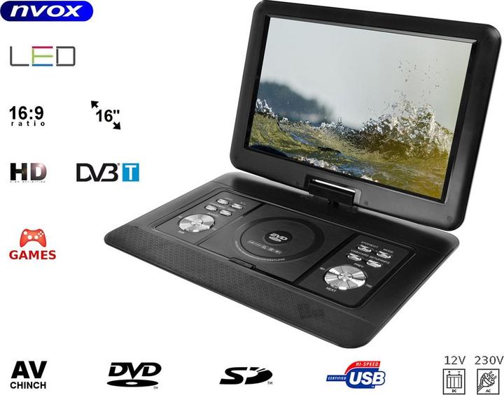 Actual product image Nvox Portable DVD with LCD TV Receiver 16 inch dvb-t mpeg-4/2 dvd usb sd games 12v 230v