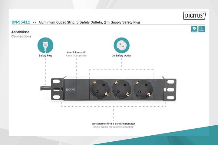 Actual product image Digitus Socket strip 3-fold 25.4cm 10 inch black incl. installation bracket (3 x, CEE 7/3, 2 m)