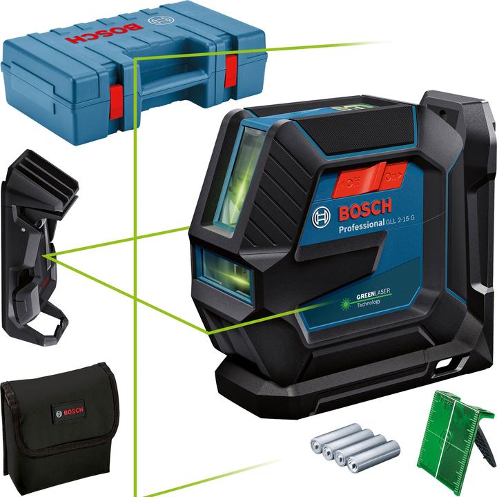 4 x 1.5 V LR6 batteries (AA), 1 x laser target board, 1 x bag, 1 x carry case, 1 x LB 10 universal holder and DK 10 Professional ceiling clamp