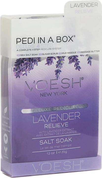 Immagine prodotto Voesh Pedi In A Box Deluxe 4 Step Lavender Relieve (Crema piedi e gel piedi, Maschera del piede, Pediluvio)
