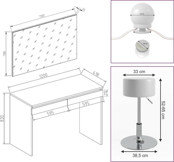 Produktbild Vicco Emma mit Hocker und Beleuchtung (120 x 42 x 83 cm)