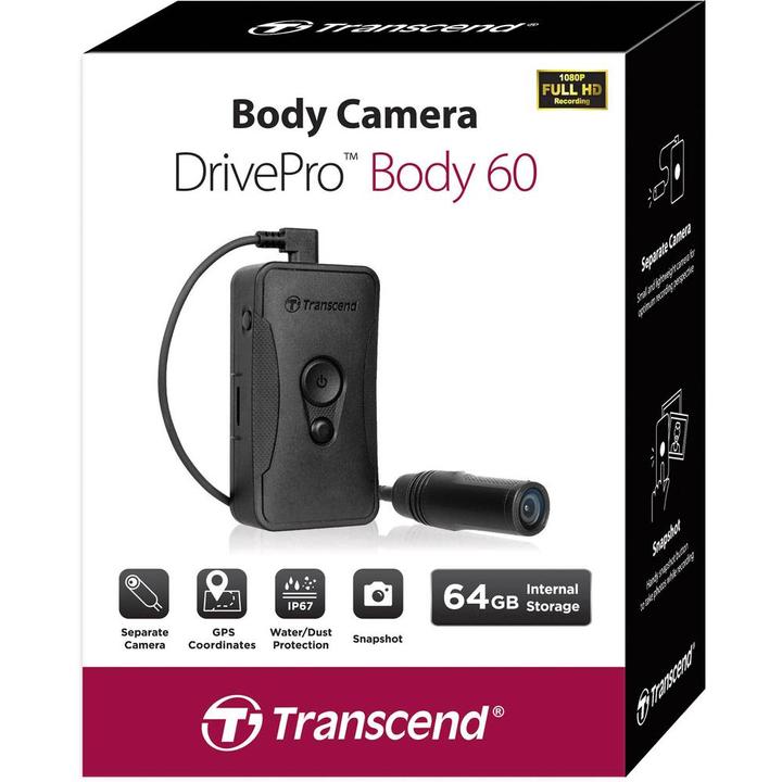 Produktbild Transcend DrivePro Body 60 (Bluetooth, WLAN, Eingebautes Display, Beschleunigungssensor, GPS-Empfänger, Full HD)