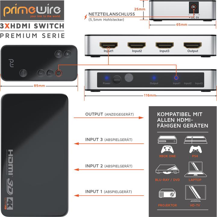 Produktbild Primewire HDMI Switch 4k Ultra HD, 3 Port, Verteiler mit Fernbedienung, 4K, 3D, CEC, ARC