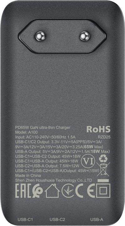 Produktbild Acefast A100 65W GaN 2 USB-C+ USB-A Charger Ultra Slim - Black (65 W)