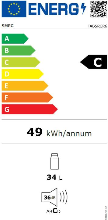 Label énergétique Smeg FAB5RCR6 Homebar Stand-Kühlschrank Rechtsanschlag Creme 50s Style 2025 Modell, EEK: C (34 l)