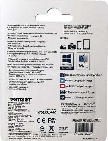 Nährwerte und Zutaten Patriot EP V30 Speicherkarte MicroSDXC (512 GB, microSDXC, U3, UHS-I)