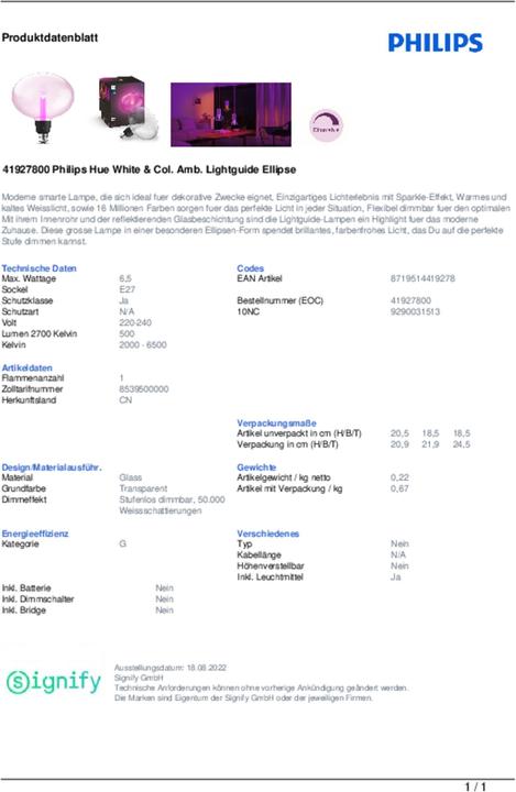 Image du produit Philips Hue Ellipse (E27, 6.50 W, 500 lm, 1 x, G)