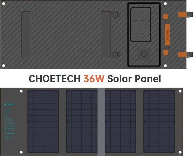 Actual product image Choetech Foldable solar charger SC006 36W 1xUSB QC, 1xUSB-C PD (grey) (36 W, 1.55 kg)