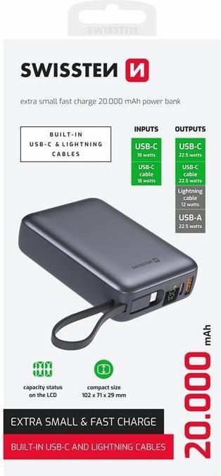 Actual product image Swissten Power Bank 20000 Mah with Built-In Cables USB-C and Lightning Space Silver (20000 mAh, 22.50 W, 22.50 Wh)
