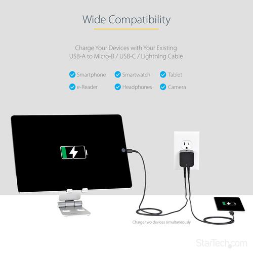 Actual product image StarTech 2 Port USB Charger / Power Supply - Dual Charging Plug 17 Watt / 3.4 Amp - Dual Travel Charger 110 (17 W)