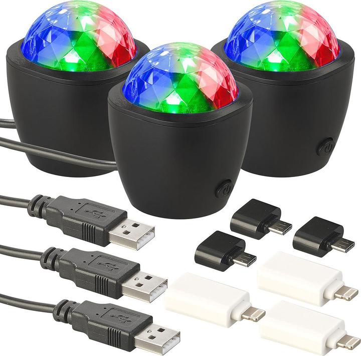 Produktbild Lunartec 3er-Set Mini-RGB-Disco-Licht, Akustik-Sensor, USB- & iPhone-Anschluss