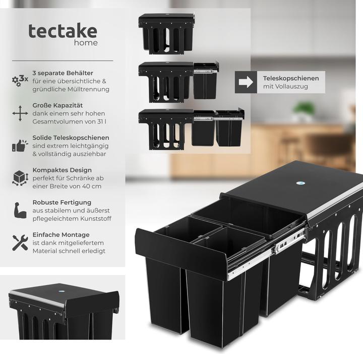 Actual product image tectake Abfallsammler Ashlyn, 3-fach Trennung, 31L, Teleskopschienen (31 l)