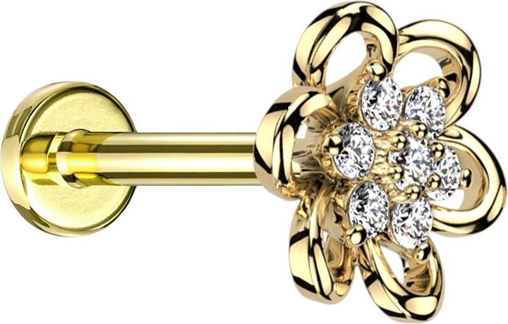 Image du produit Star Piercing Micro Labret femelle plaqué or, fleur creuse cristaux argentés (sans laiton, Acier chirurgical 316L)