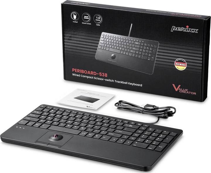 Actual product image Perixx PERIBOARD-538 H EN, wired USB keyboard with trackball - scissor keys - 2 USB hubs in (DE, Cable)